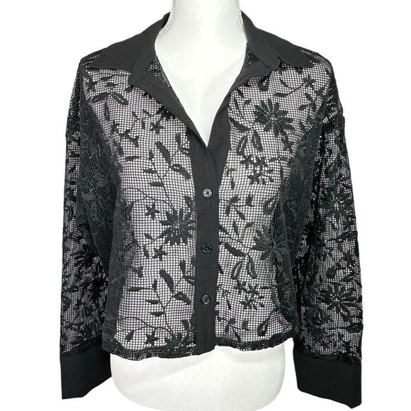 Jason Wu Black Lace Daisy Floral See Thru Collared Blouse Size M - Picture 1 of 11
